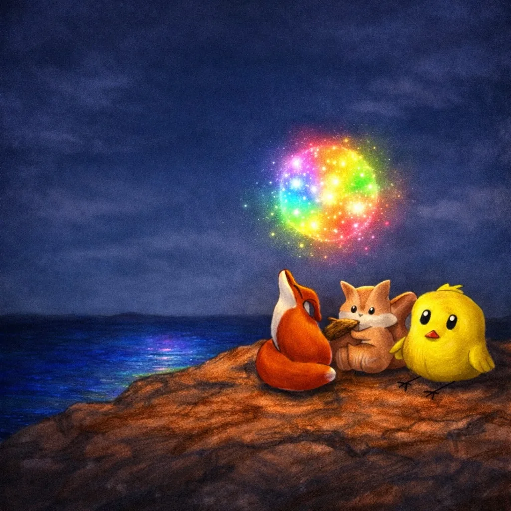 A fox, a squirrel and a chick sit on a rock by the sea at night and look at a glowing rainbow light in the sky.