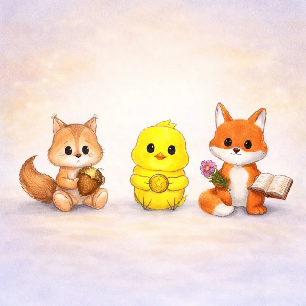 A squirrel with an acorn, a chick with a gold coin and a fox with a flower and a book.