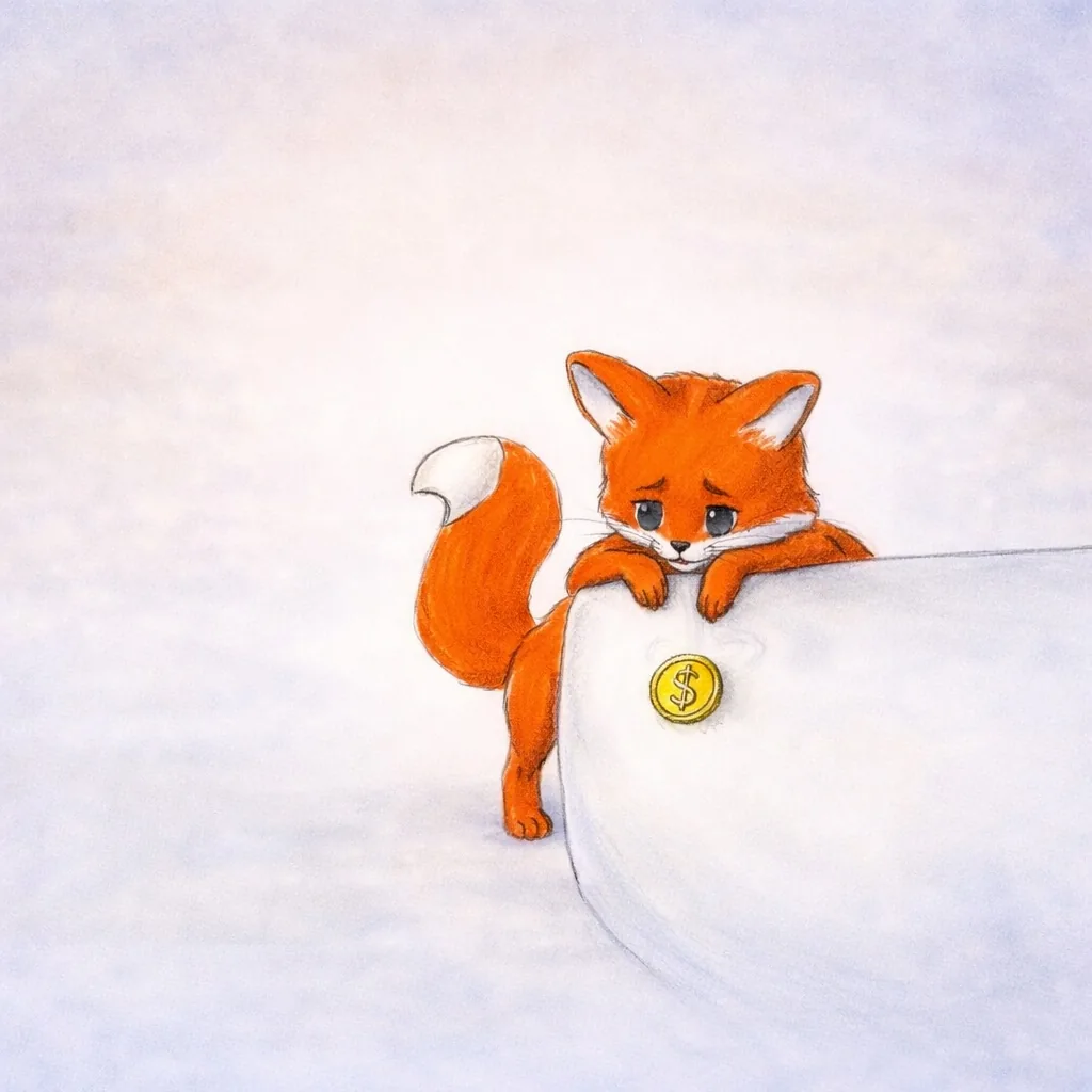 A sad little fox leans on a big white bag with one gold coin.