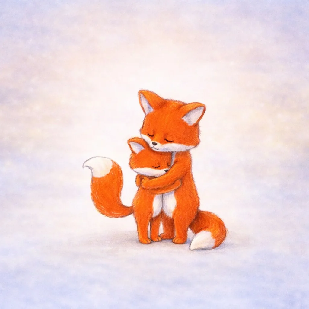 A mother fox hugs her little fox.