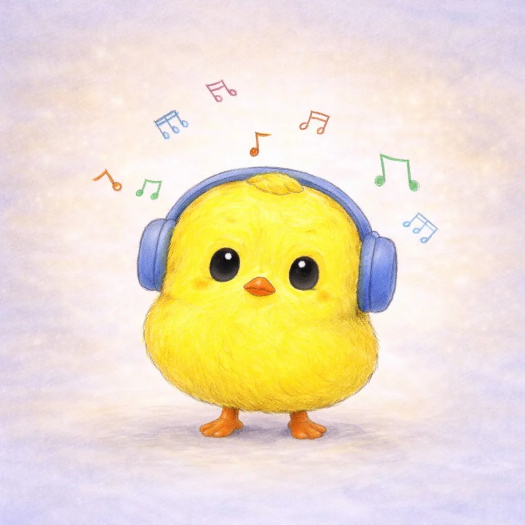 A happy chick in big headphones, with music notes around.
