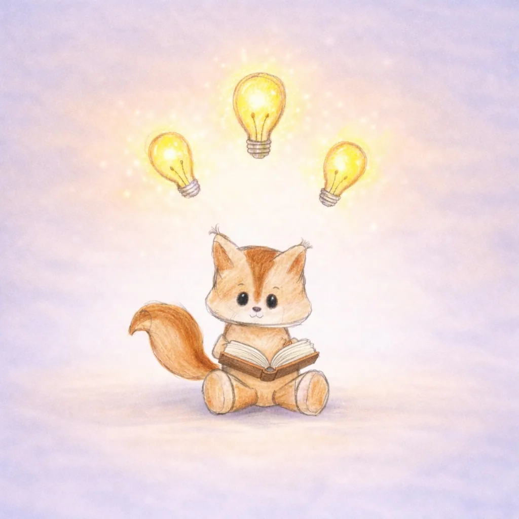 A squirrel reads a book, and three light bulbs glow above its head.