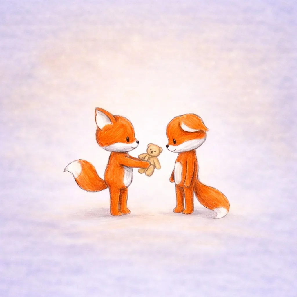 A little fox gives a teddy bear to another fox.