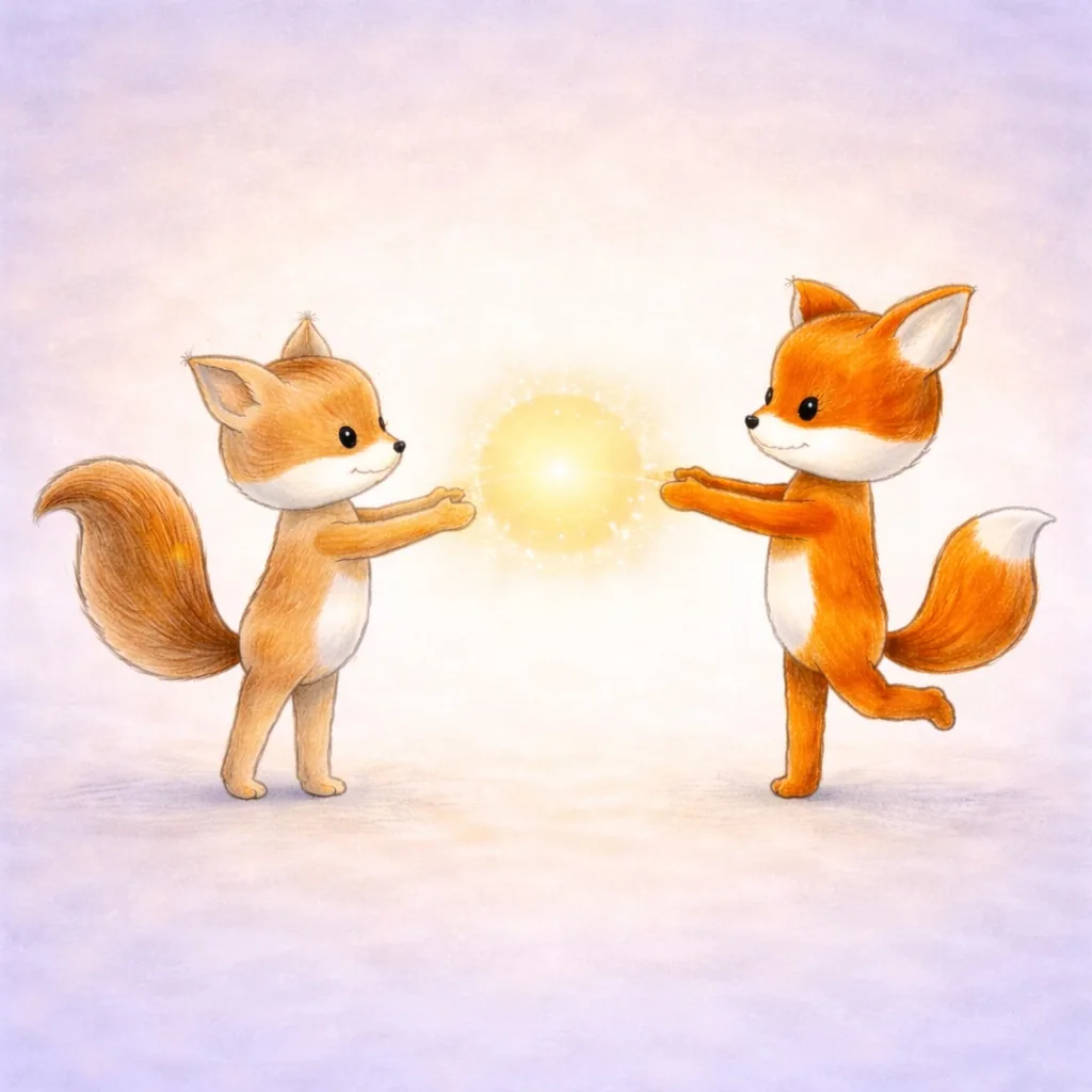 A squirrel and a fox pass a glowing light to each other.