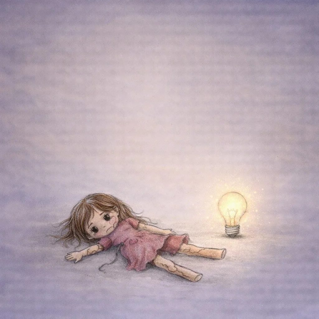 A broken doll lies on the floor next to a dim light bulb.