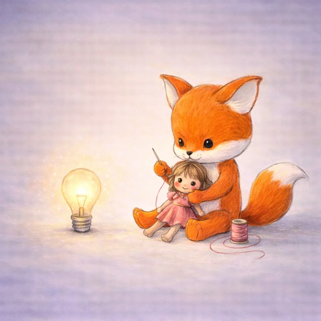 A fox sews the doll back together, and the light bulb shines again.
