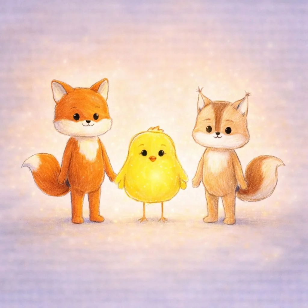 A fox, a chick and a squirrel stand together and smile.