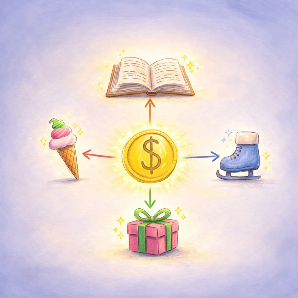 A gold coin in the middle, with arrows to a book, an ice cream, ice skates and a present.