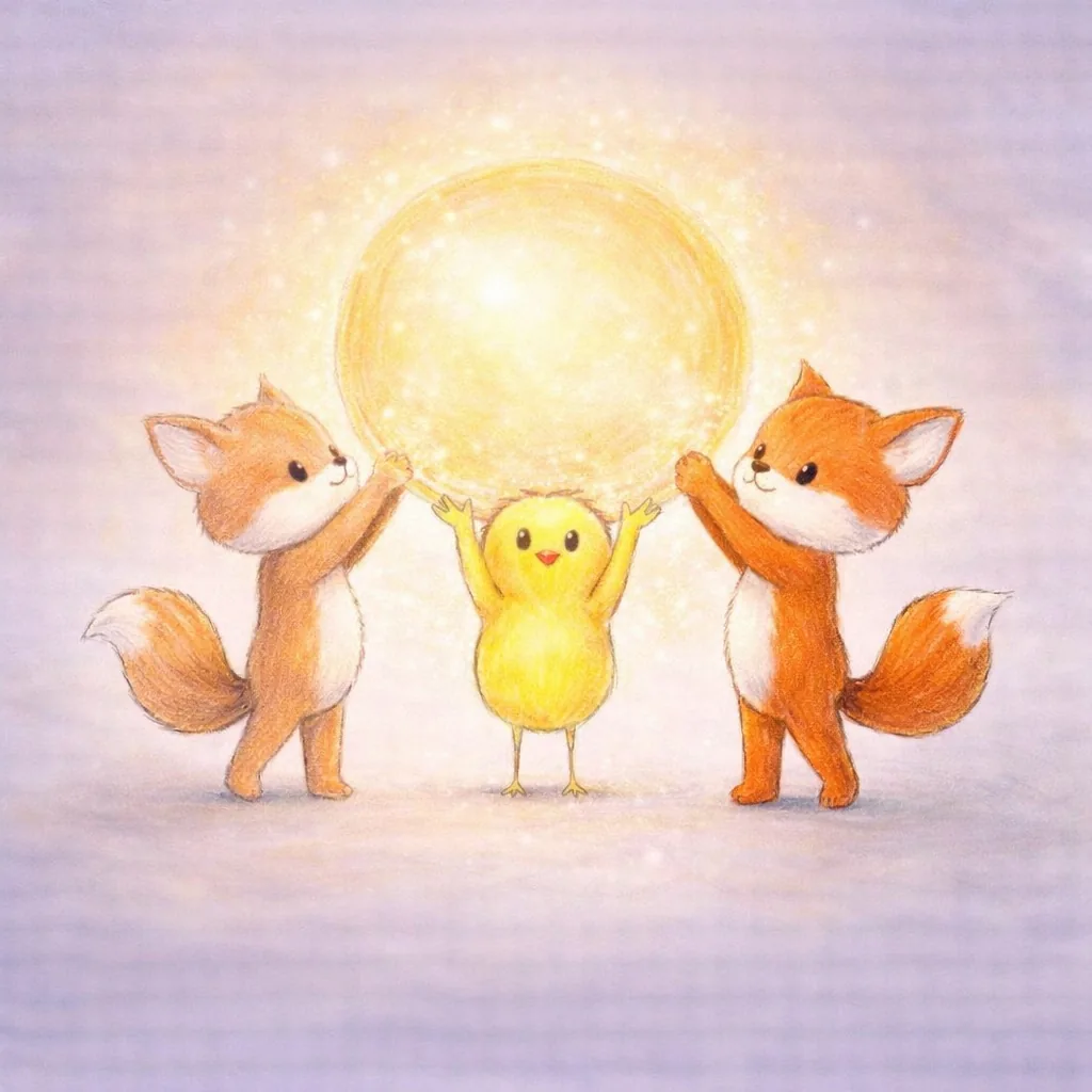 A squirrel, a chick and a fox hold up a big glowing ball of light together.