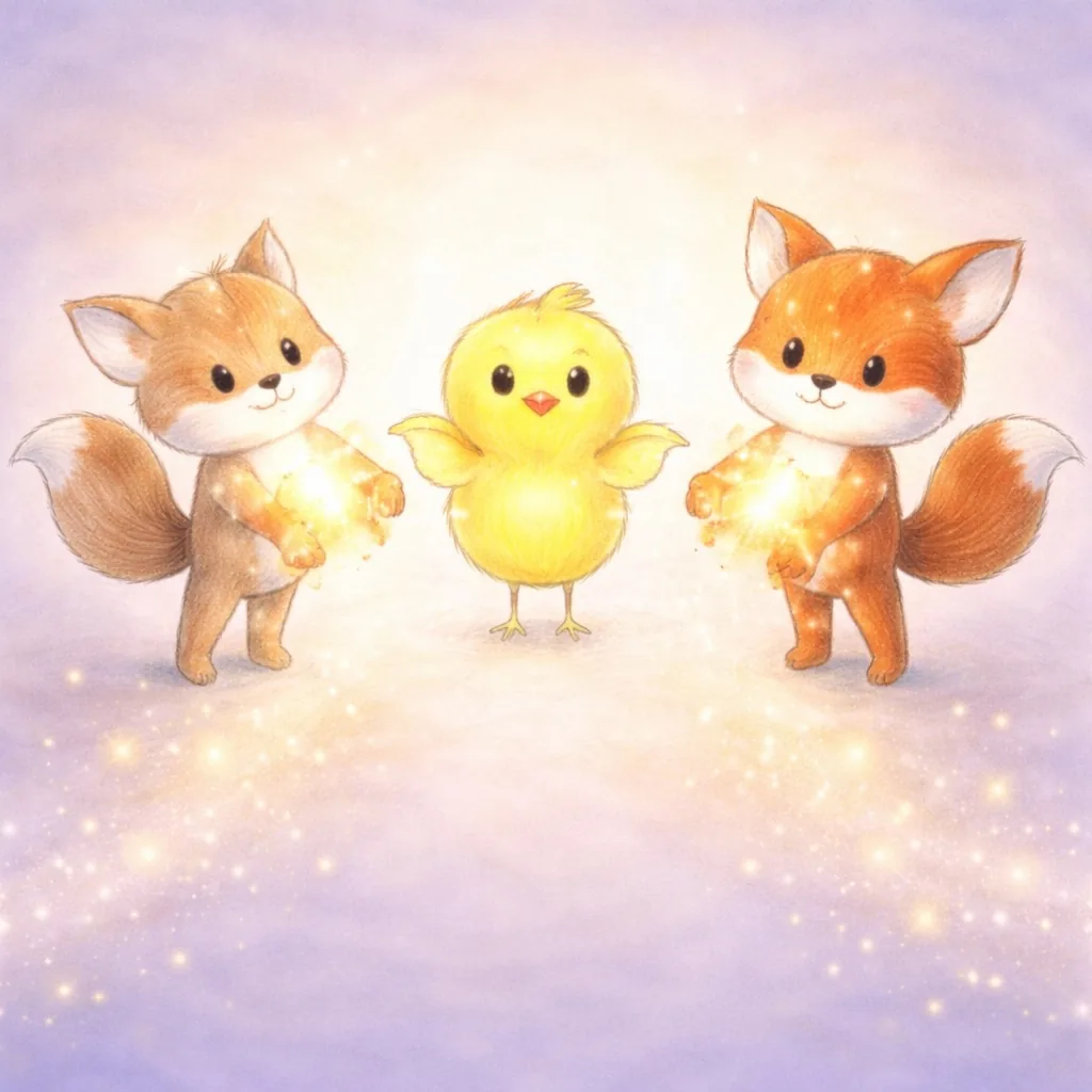 A squirrel, a chick and a fox, each with a small light glowing in their chest.